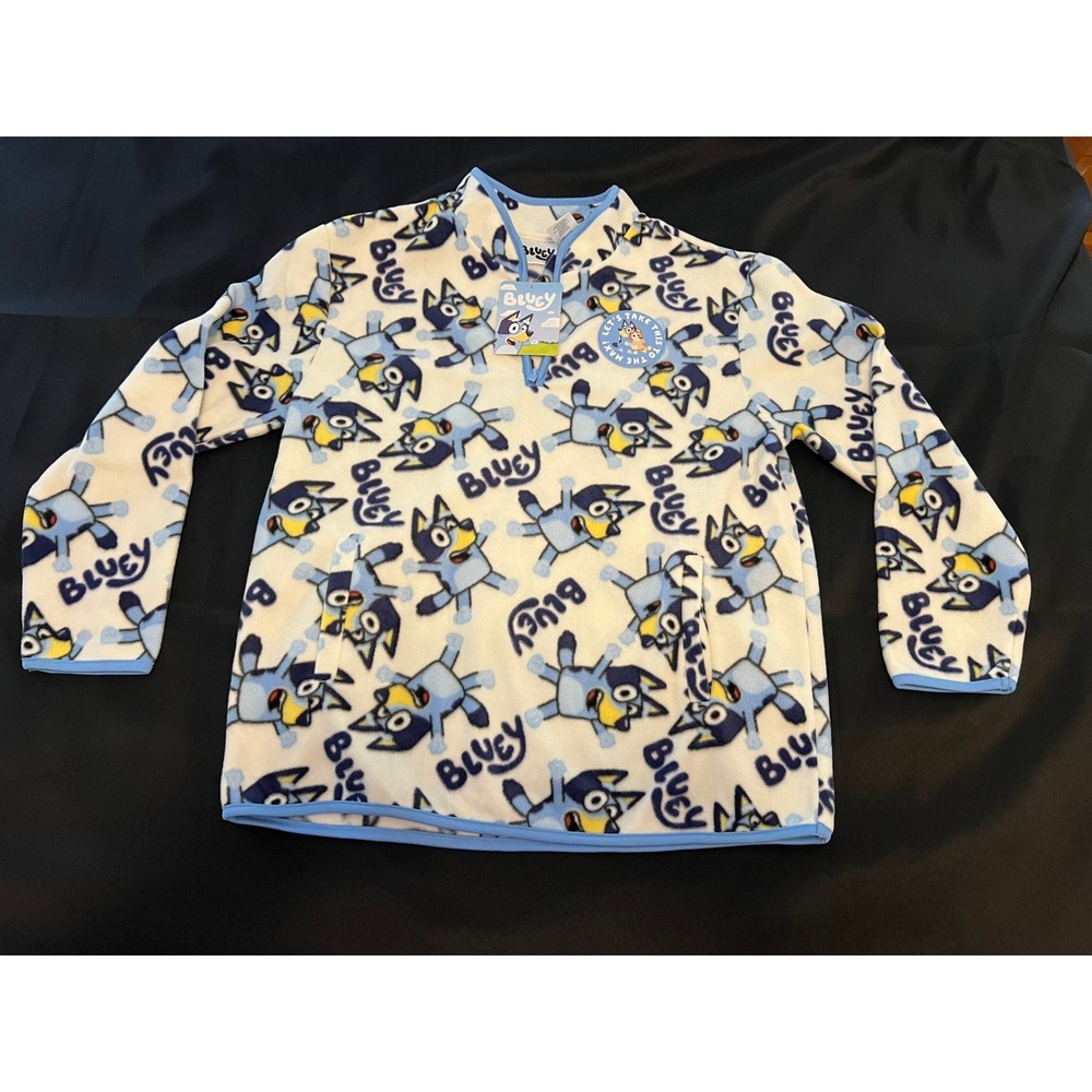 Bluey Boys XL Fleece Quarter Zip Pullover Natural White All Over Print New